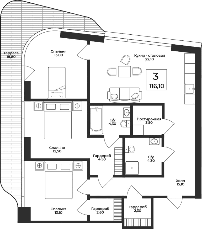 3-комн., 97.3 м²
