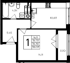 1-комн., 34.73 м²