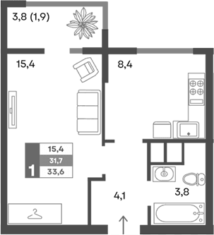 1-комн., 31.7 м²