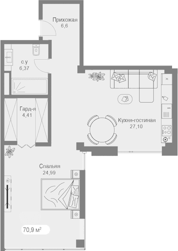 1-комн., 70.42 м²