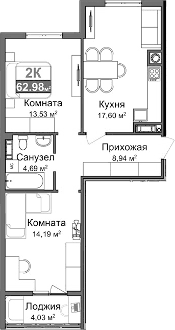 2-комн., 56.53 м²