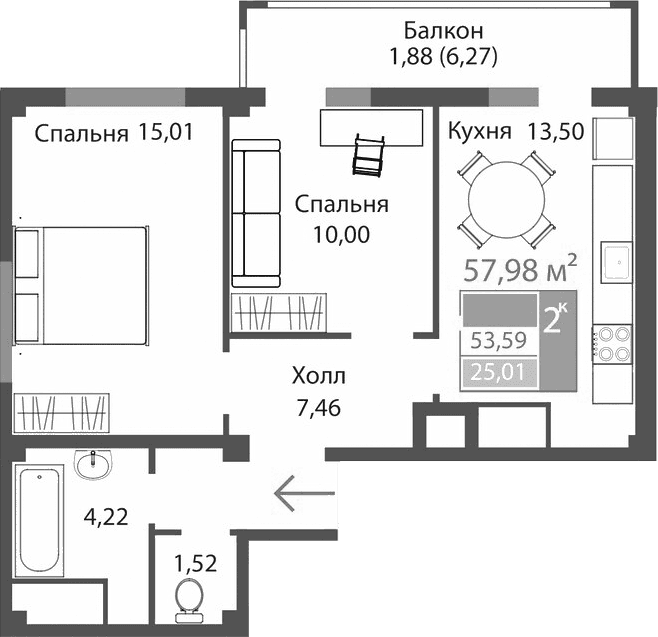 2-комн., 51.71 м²