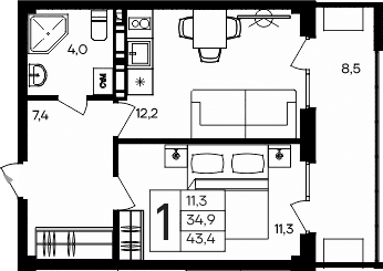 1-комн., 34.9 м²