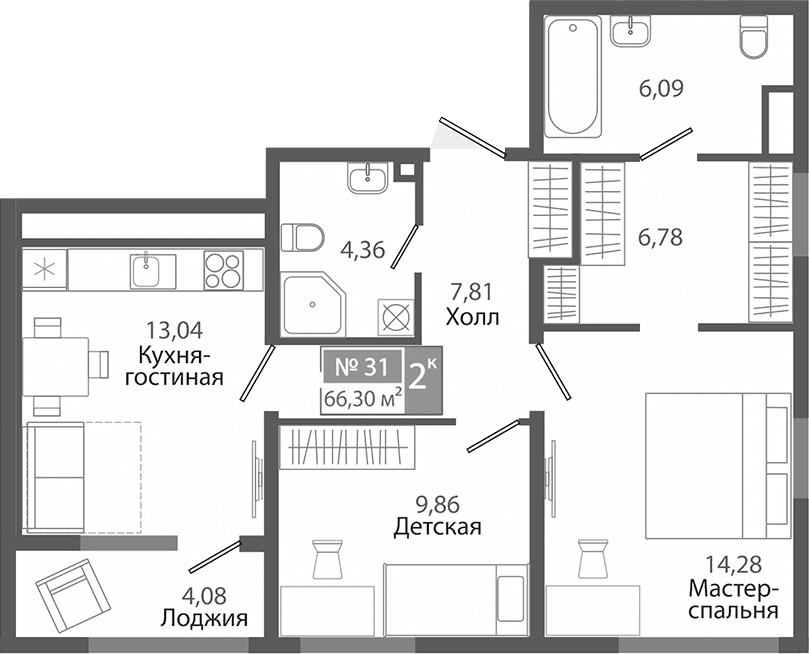 2-комн., 62.22 м²
