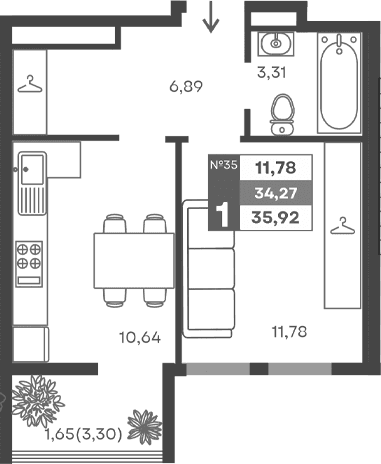 1-комн., 32.62 м²