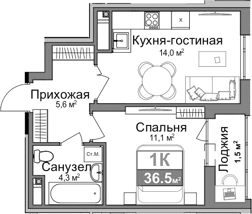 1-комн., 35 м²