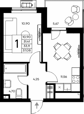1-комн., 31.41 м²