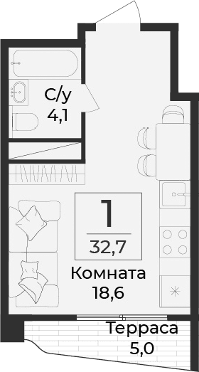Студия, 27.7 м²