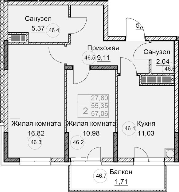 2-комн., 55.35 м²