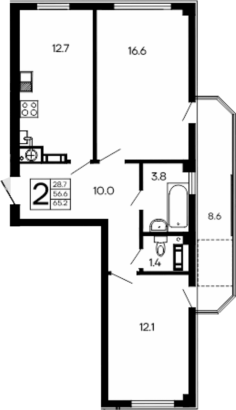 2-комн., 56.6 м²