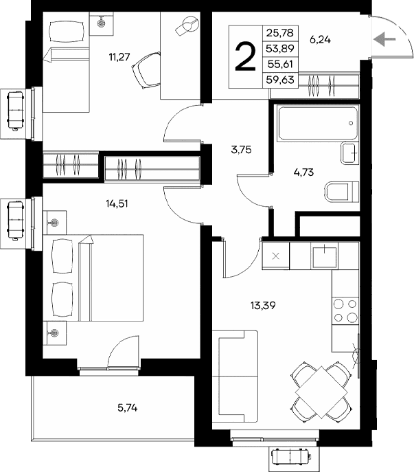 2-комн., 53.89 м²