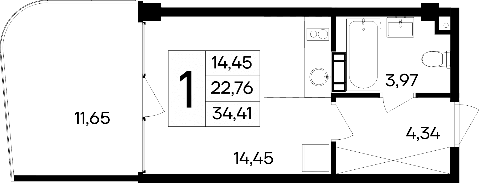 Студия, 22.76 м²