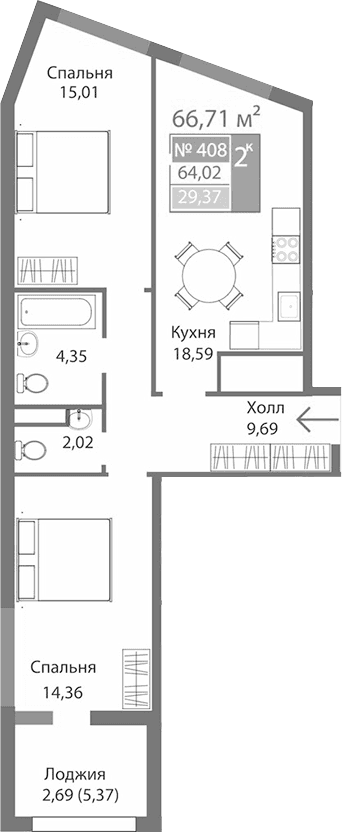 2-комн., 64.02 м²
