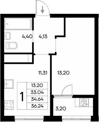 1-комн., 33.04 м²