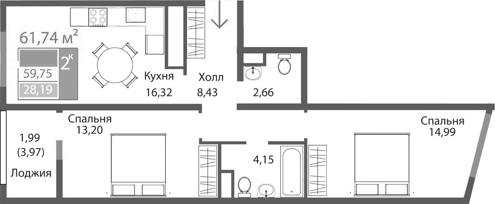 2-комн., 59.75 м²