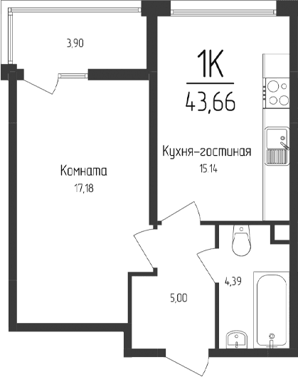 1-комн., 41.71 м²