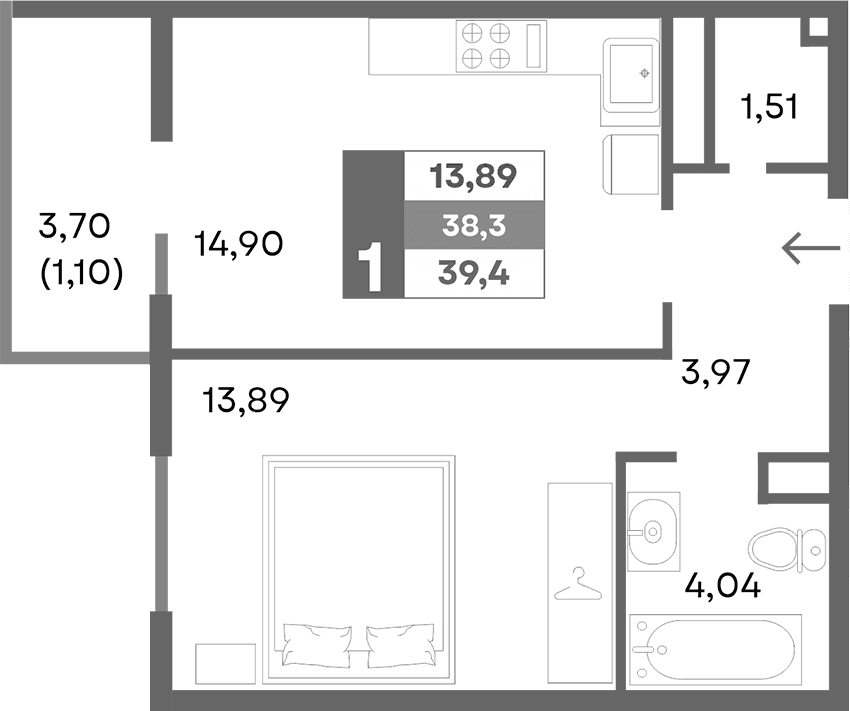 1-комн., 38.3 м²