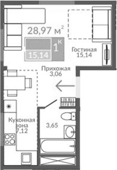 Студия, 28.97 м²