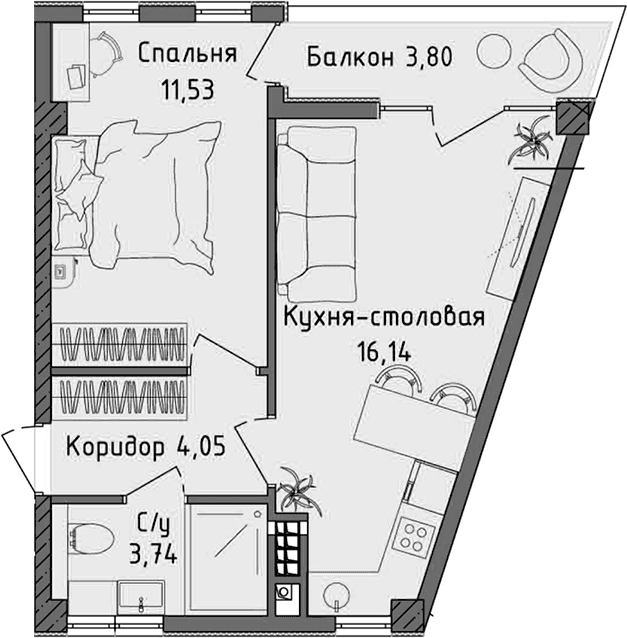 2-комн., 34 м²