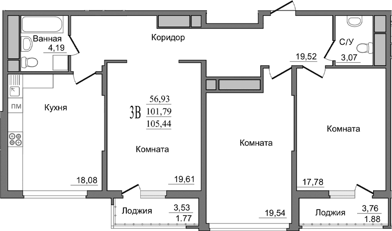 3-комн., 101.85 м²