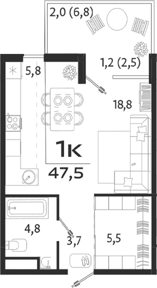 Студия, 38.2 м²