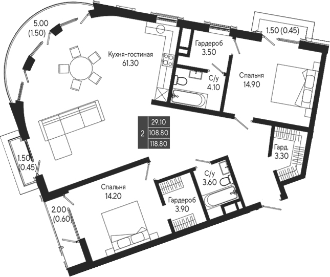 2-комн., 108.8 м²