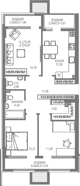3-комн., 70.29 м²