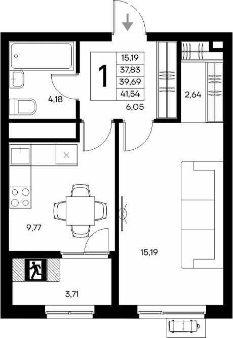 1-комн., 37.83 м²