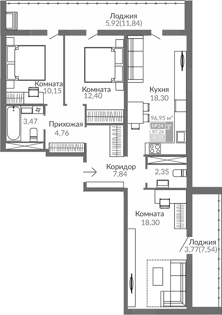 3-комн., 77.57 м²