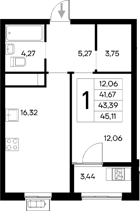 1-комн., 41.67 м²