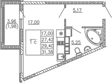 Студия, 27.42 м²