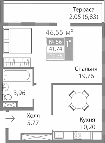 1-комн., 39.69 м²