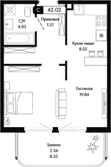 Студия, 39.46 м²