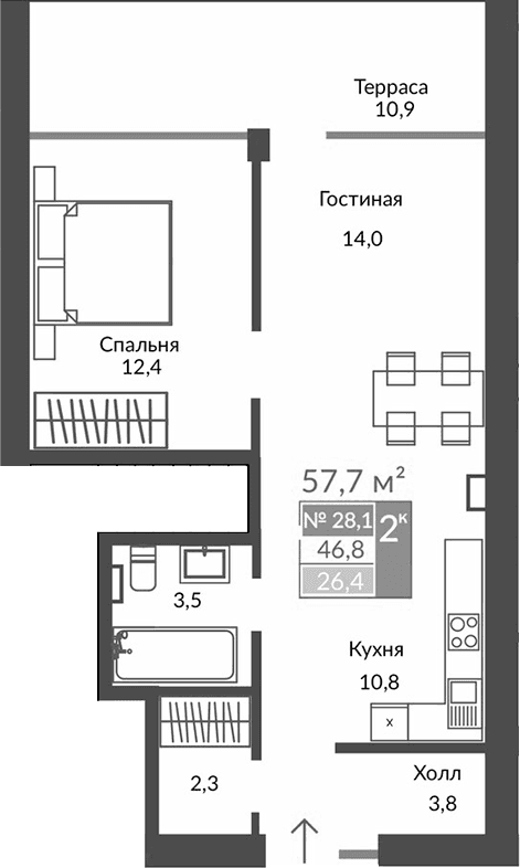 2-комн., 46.8 м²