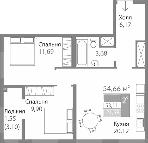 2-комн., 51.56 м²