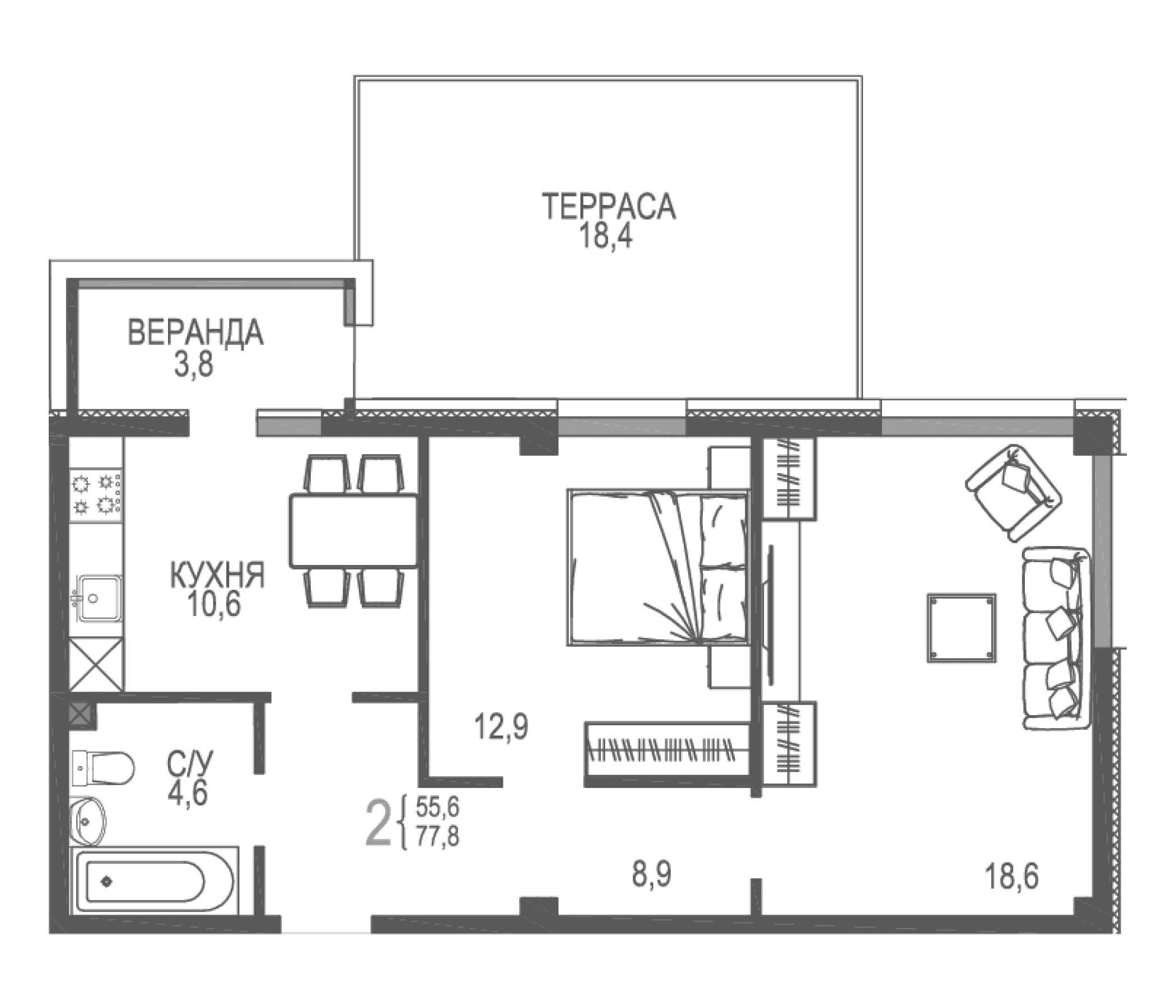 2-комн., 55.6 м²