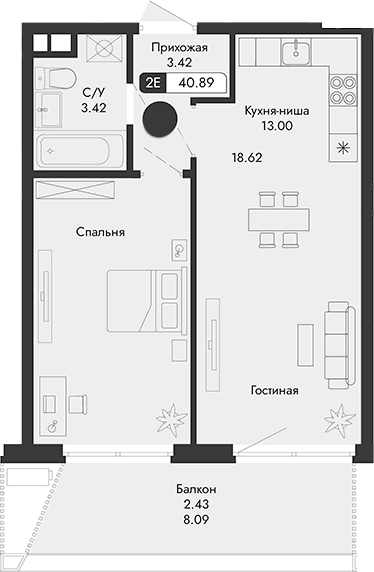 2-комн., 38.46 м²