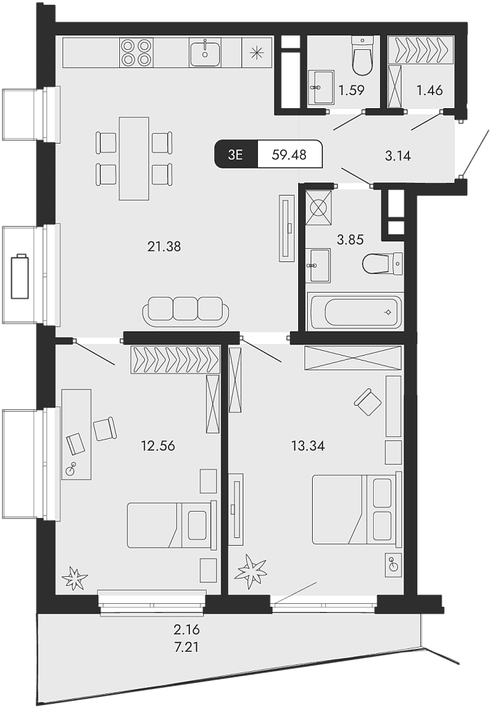 3-комн., 57.32 м²