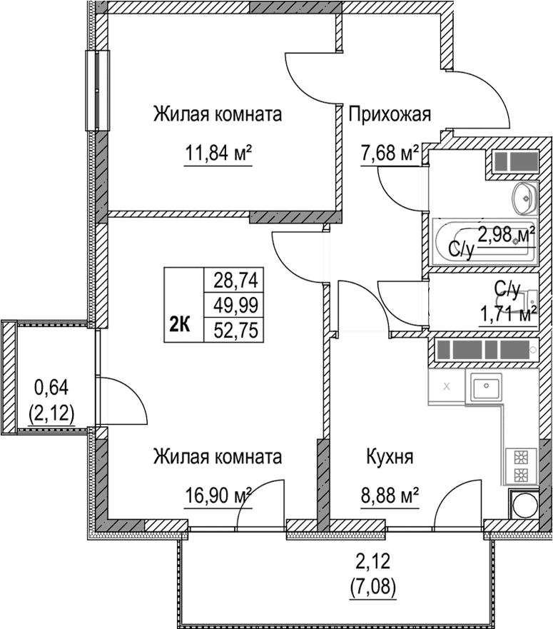 2-комн., 49.99 м²