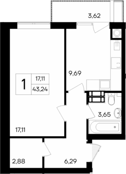 1-комн., 39.62 м²