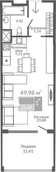 Студия, 38.57 м²