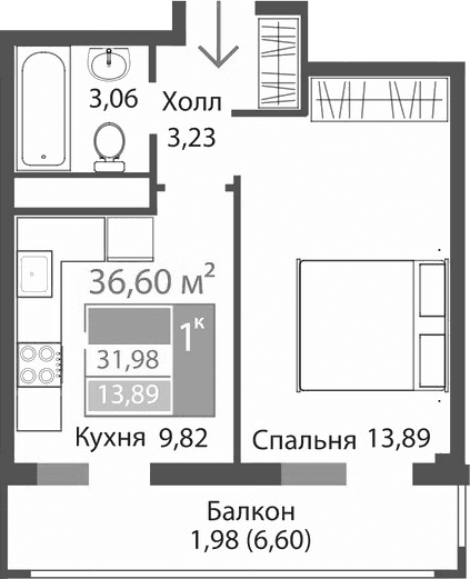 1-комн., 30 м²