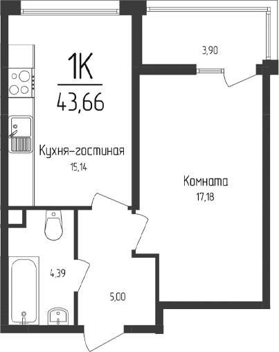 1-комн., 41.71 м²