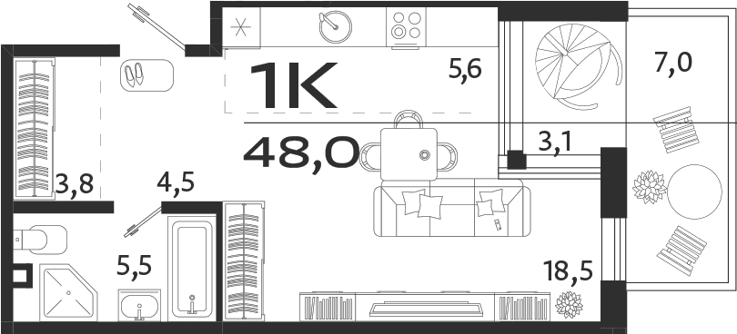 Студия, 37.9 м²