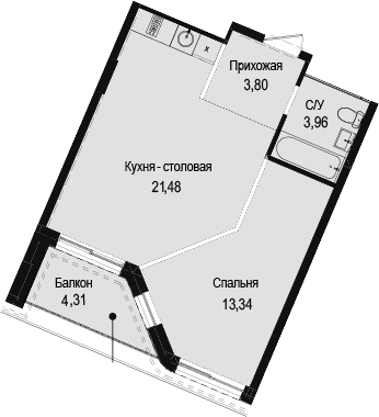 1-комн., 42.58 м²