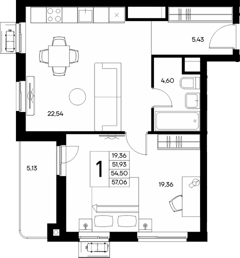 1-комн., 51.93 м²