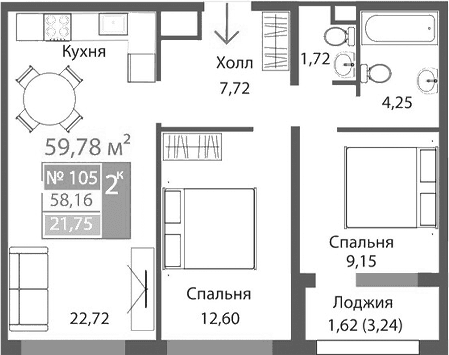 2-комн., 58.16 м²