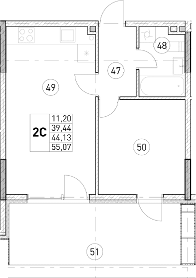 2-комн., 39.44 м²
