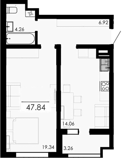 1-комн., 44.58 м²