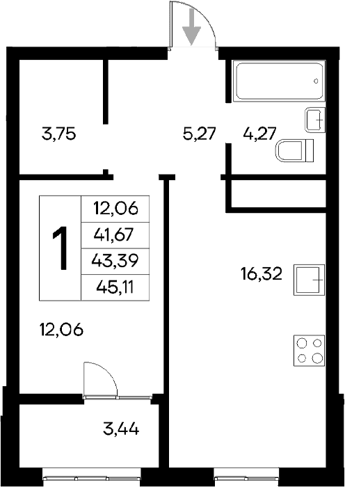 1-комн., 41.67 м²